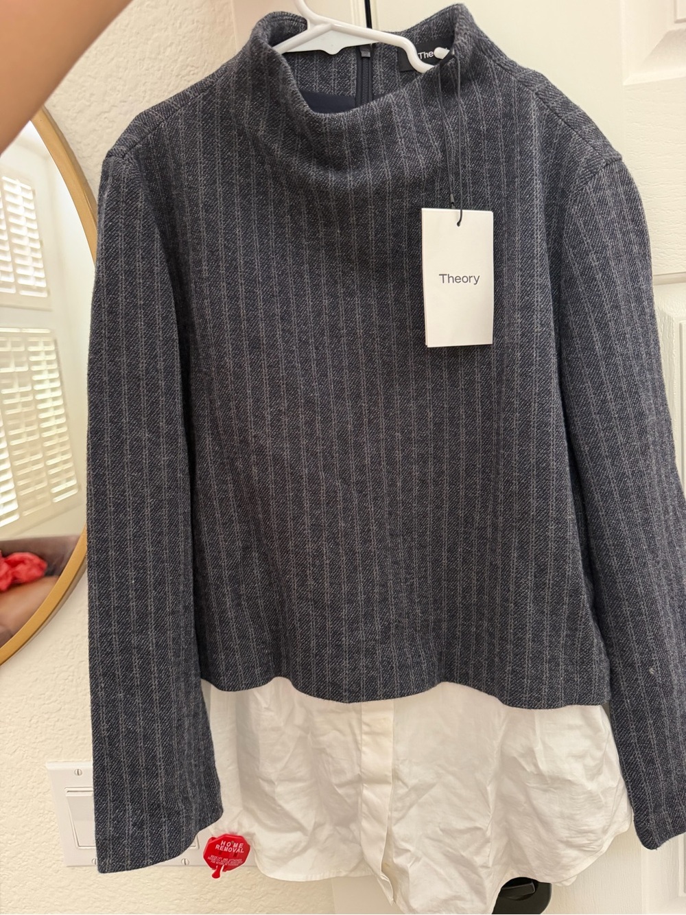 Theory Navy Pinstripe Mock Neck Sweater